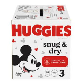 Huggies Snug & Dry size 3 diapers box featuring Mickey Mouse and triple layer protection