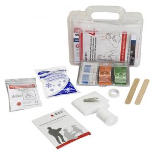 Compact first aid kit with bandages, gauze, medical tape, ice pack, booklet, and case.