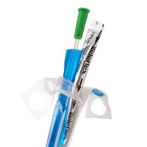 Sterile single-use medical catheter with green handle and clear packaging