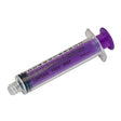 Purple enteral feeding syringe for medical use, labeled 'Enteral Feed Only' on white background