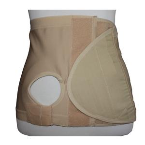 Beige ostomy abdominal support belt with stoma opening on mannequin torso