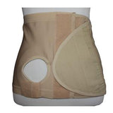 Beige ostomy abdominal support belt with stoma opening on mannequin torso