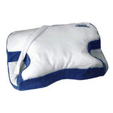contoured orthopedic pillow with blue and white cover for neck support and comfort
