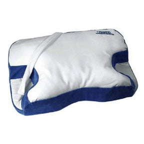 contoured orthopedic pillow with blue and white cover for neck support and comfort