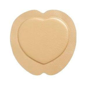 Heart-shaped beige hydrocolloid medical patch for wound care on white background