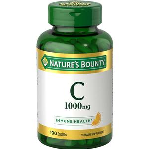 Nature’s Bounty Vitamin C 1000mg supplement bottle for immune health, 100 caplets