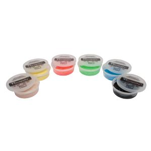 Six tubs of therapy putty in assorted colors for hand exercise and rehabilitation