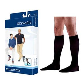 Black knee-high medical compression socks and Sigvaris packaging for leg support.