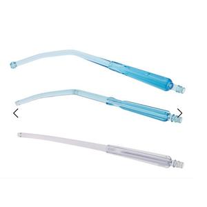 Three plastic medical oral suction tubes with angled tips on a white background