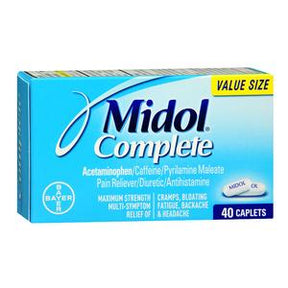 Midol Complete multi-symptom relief caplets box, 40 count, blue packaging