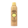 Sun Bum spray sunscreen SPF 70 in yellow aerosol can, wood-patterned design, upright view