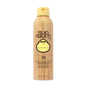 Sun Bum spray sunscreen SPF 70 in yellow aerosol can, wood-patterned design, upright view