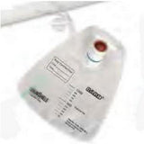 Clear medical drainage bag with volume markings and capped outlet for home healthcare use