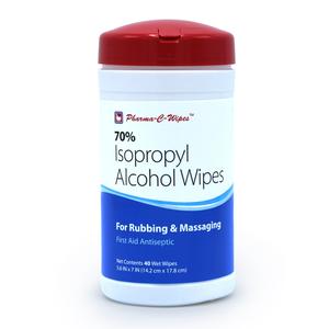 Container of 70% isopropyl alcohol wipes with red lid for antiseptic use