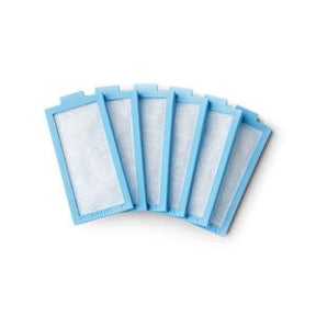 Six rectangular blue medical filter pads arranged in a fan shape on a white background.