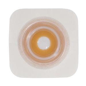 Ostomy barrier wafer with adhesive border for stoma care on white background