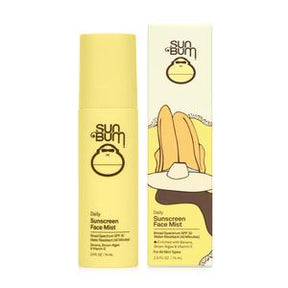 Sun Bum Daily Sunscreen Face Mist SPF 30 bottle and box, yellow packaging, sun protection skincare