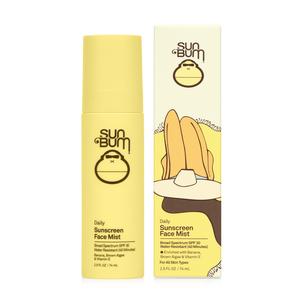 Sun Bum Daily Sunscreen Face Mist SPF 30 bottle and box, yellow packaging, sun protection skincare