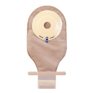 Beige ostomy pouch with adhesive barrier for medical ostomy care, isolated on white background.