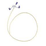 Medical feeding tube with purple ports and marked yellow tubing on white background