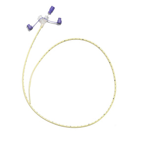 Medical feeding tube with purple ports and marked yellow tubing on white background