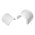 Curved white plastic medical supply clips for home healthcare use on white background