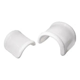 Curved white plastic medical supply clips for home healthcare use on white background