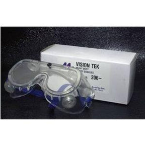 Clear safety goggles in front of VISION TEK box on black background