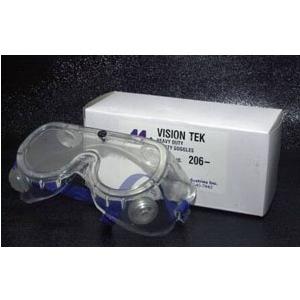 Clear safety goggles in front of VISION TEK box on black background
