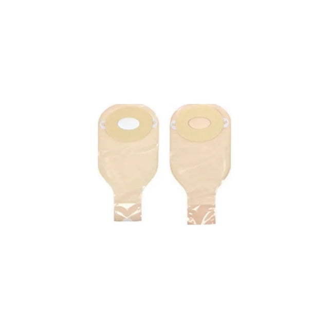 Two beige ostomy pouches with adhesive barrier for stoma care on white background