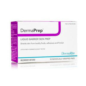 DermaPrep liquid barrier skin prep box, 50 individually wrapped pads, medical supply product