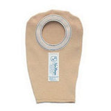 Beige ostomy pouch with round adhesive opening for medical stoma care