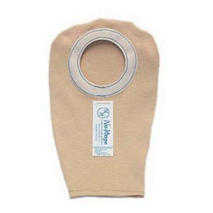 Beige ostomy pouch with round adhesive opening for medical stoma care