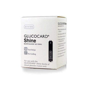 Box of Glucocard Shine blood glucose test strips for diabetes monitoring, 50 count.