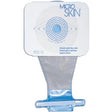 Transparent ostomy pouch with blue closure, medical supply for stoma care