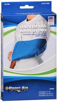 Universal arm sling in blue packaging for injury support, latex free, made in USA.