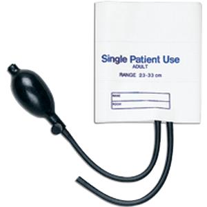 Single patient use adult blood pressure cuff with inflation bulb and tubing, white and black