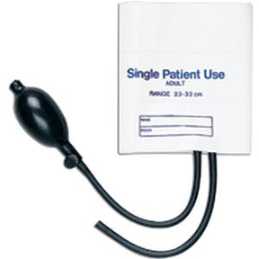 Single patient use adult blood pressure cuff with inflation bulb and tubing, white and black