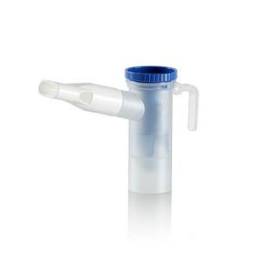Portable nebulizer medicine cup with blue lid and mouthpiece for respiratory therapy