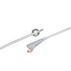 Sterile medical catheter with clear balloon and measurement indicators on white background
