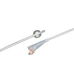 Sterile medical catheter with clear balloon and measurement indicators on white background