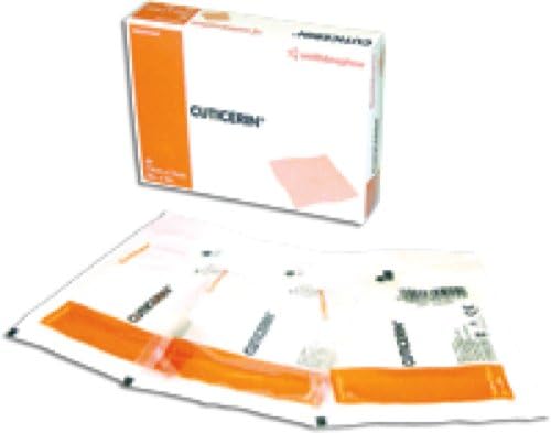 Box of Cuticrin medical dressing pads with individual sterile bandages displayed