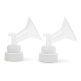 Pair of clear plastic breast pump flanges with white bases on a white background