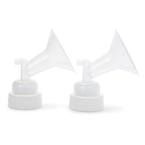 Pair of clear plastic breast pump flanges with white bases on a white background
