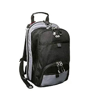 Black and grey medical backpack with multiple zippered compartments and sturdy handle