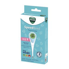 Digital thermometer with fever indicator in blue Vicks SpeedRead packaging for home medical use