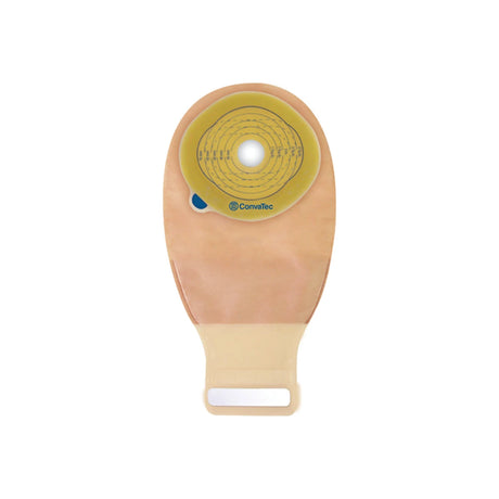 ConvaTec beige ostomy pouch with adhesive barrier and closure tab, medical supply product.