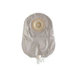 Ostomy pouch with adhesive barrier and drainage tap for medical use on white background