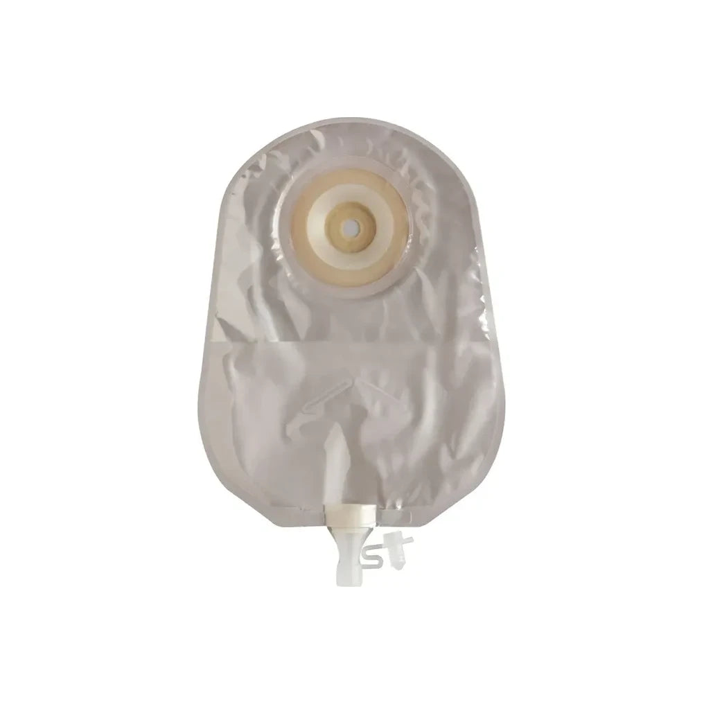 Ostomy pouch with adhesive barrier and drainage tap for medical use on white background