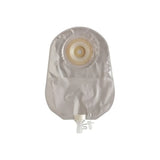 Ostomy pouch with adhesive barrier and drainage tap for medical use on white background